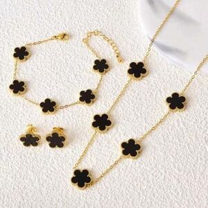 Gold Plated Stainless Steel Flower Necklace, Bracelet Earring Set